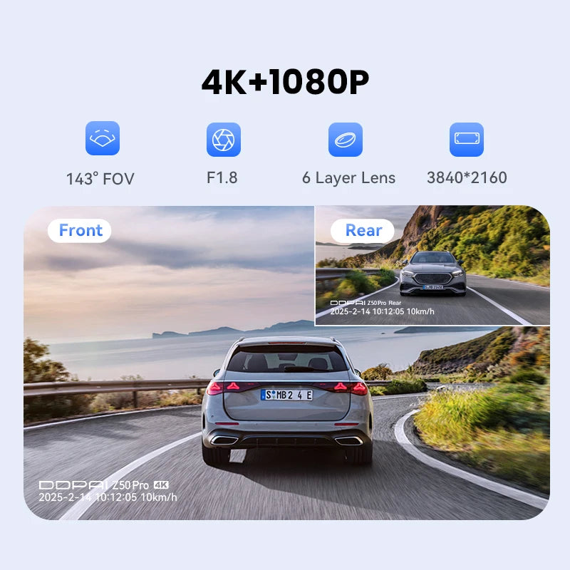 DDPAI Z50 Pro Dash Cam  4K Car DVR Night Vision 5GHz Wi-Fi GPS ADAS 24h Parking mode Front and Rear Camera